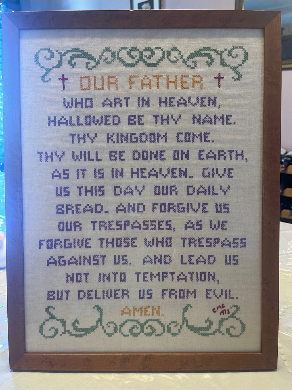 Vintage 1973 framed Lord’s Prayer cross stitch-19x13